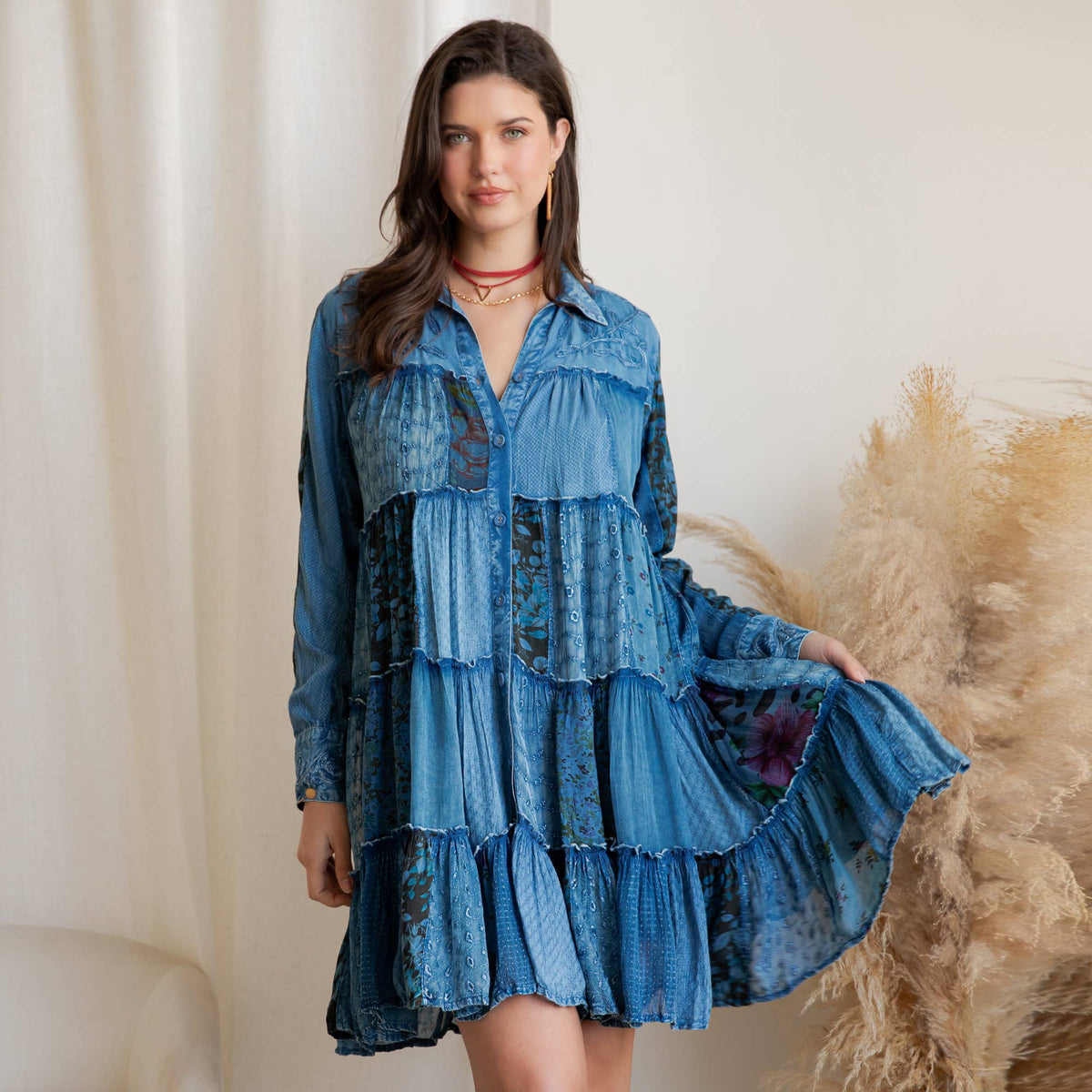 Artisan Embroidered Jhabla Shirt Dress in Mixed Motifs