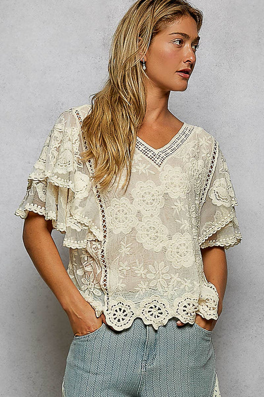 Haley V-neck Short Sleeve Crochet Top