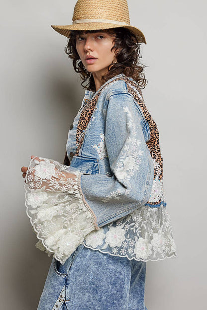 Boho Lace Trim Patchwork Denim Jacket