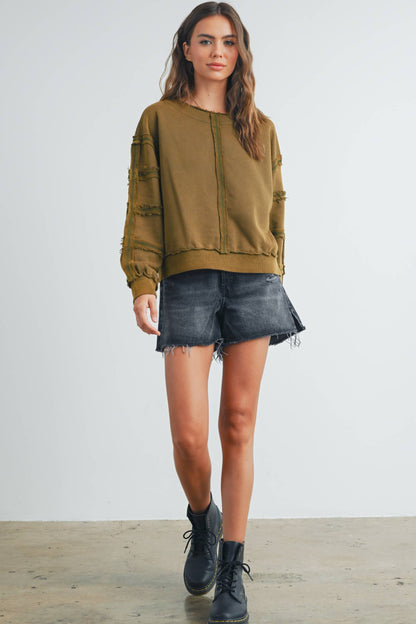 Washed French Terry Round Neck Pullover Sweatshirt