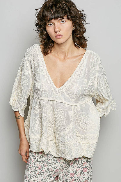 Short Sleeve V-neck Vintage Washing Solid Crochet Top