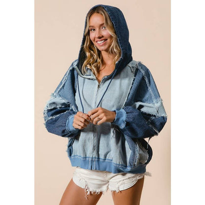 COLOR BLOCK WASHED DENIM ZIP UP HOODIE