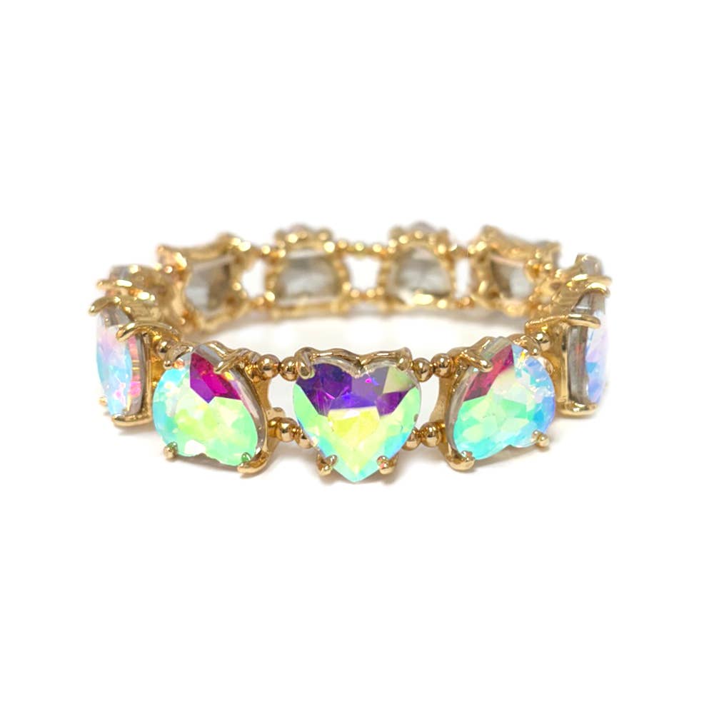 Love Heart Glass Crystal Bead Linked Stretch Bracelet