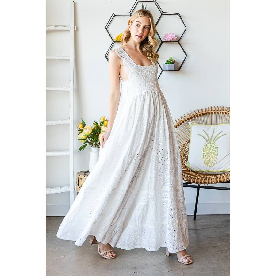 WHITE SMOCKED EYELET SLEEVELESS WIDE LEG JUMPSUIT