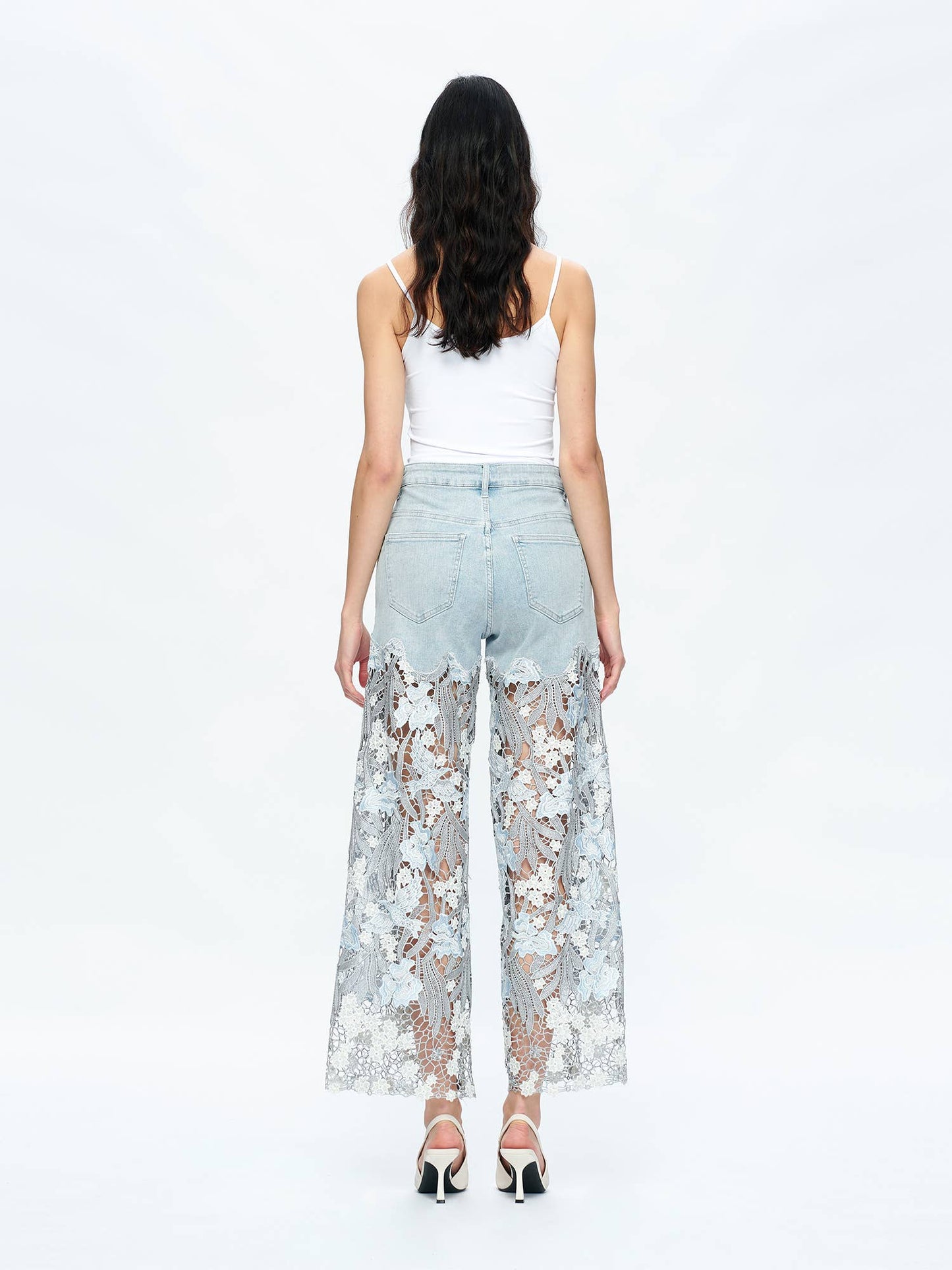 HIGH RISE WIDE LEG JEANS WITH LACE SPLICED