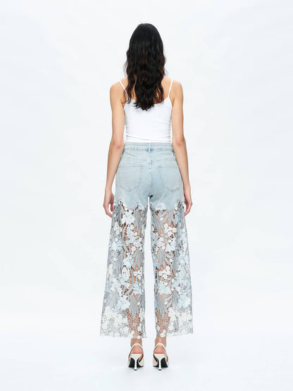 HIGH RISE WIDE LEG JEANS WITH LACE SPLICED