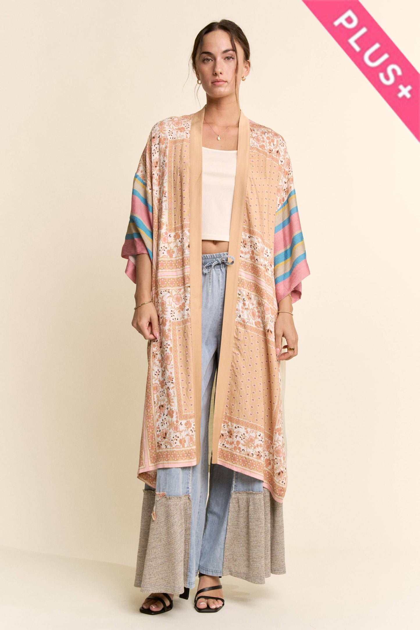 PLUS GARDEN WHIMSY CAT PRINTED BACK KIMONO DUSTER