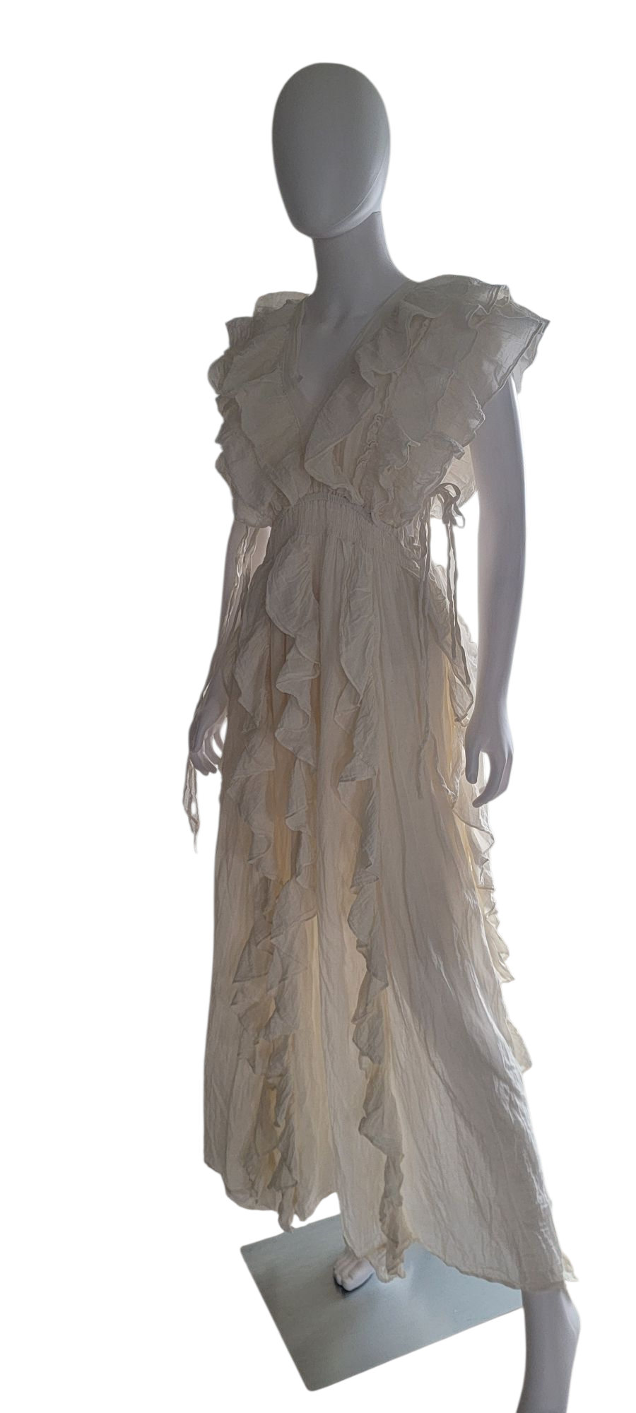 Cotton Long Ruffled Dress With Side Tie Strings Ivory