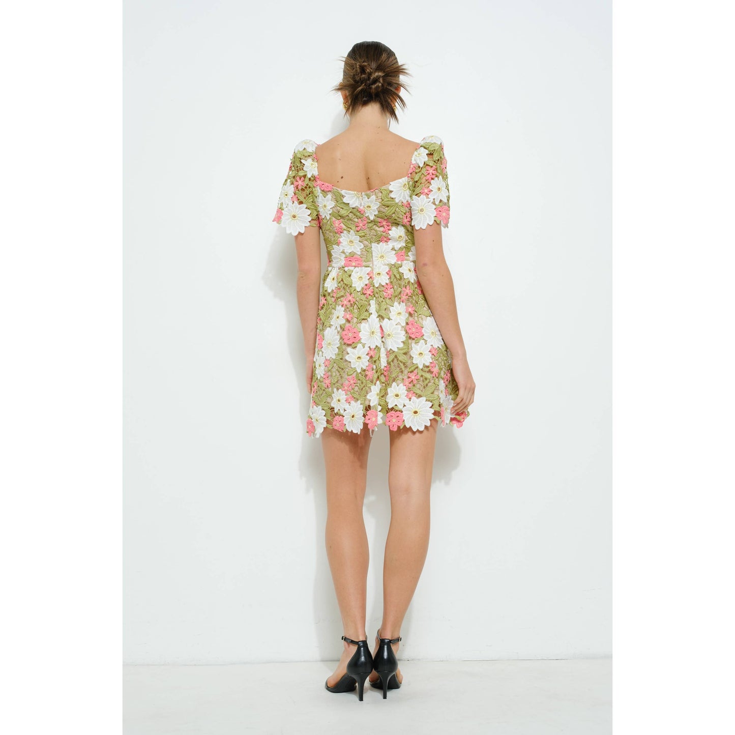 Floral Lace Puff Sleeve Embroidered Mini Dress