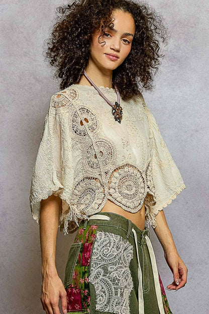 Scalloped knitted border Round Neck Crochet 3/4 Sleeve Top