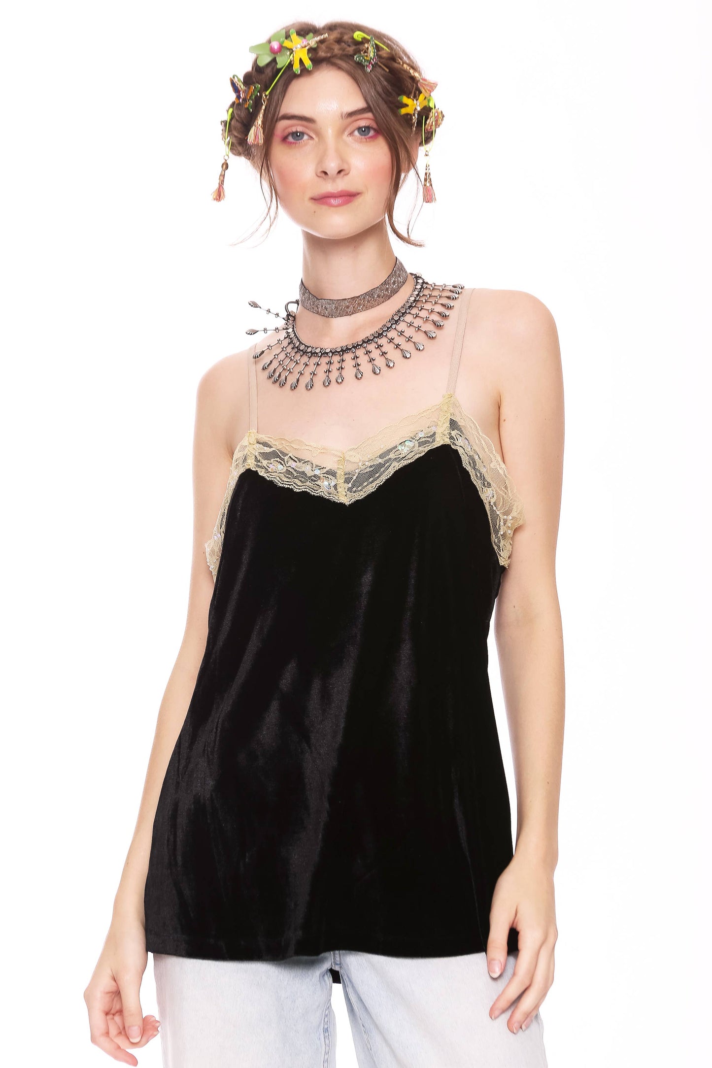 Black Velvet Dreams Beaded Trim Tank Top