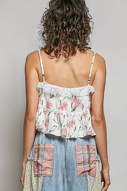 Lace Ruffles Ribbon Tie Cropped Floral Sleeveless Top