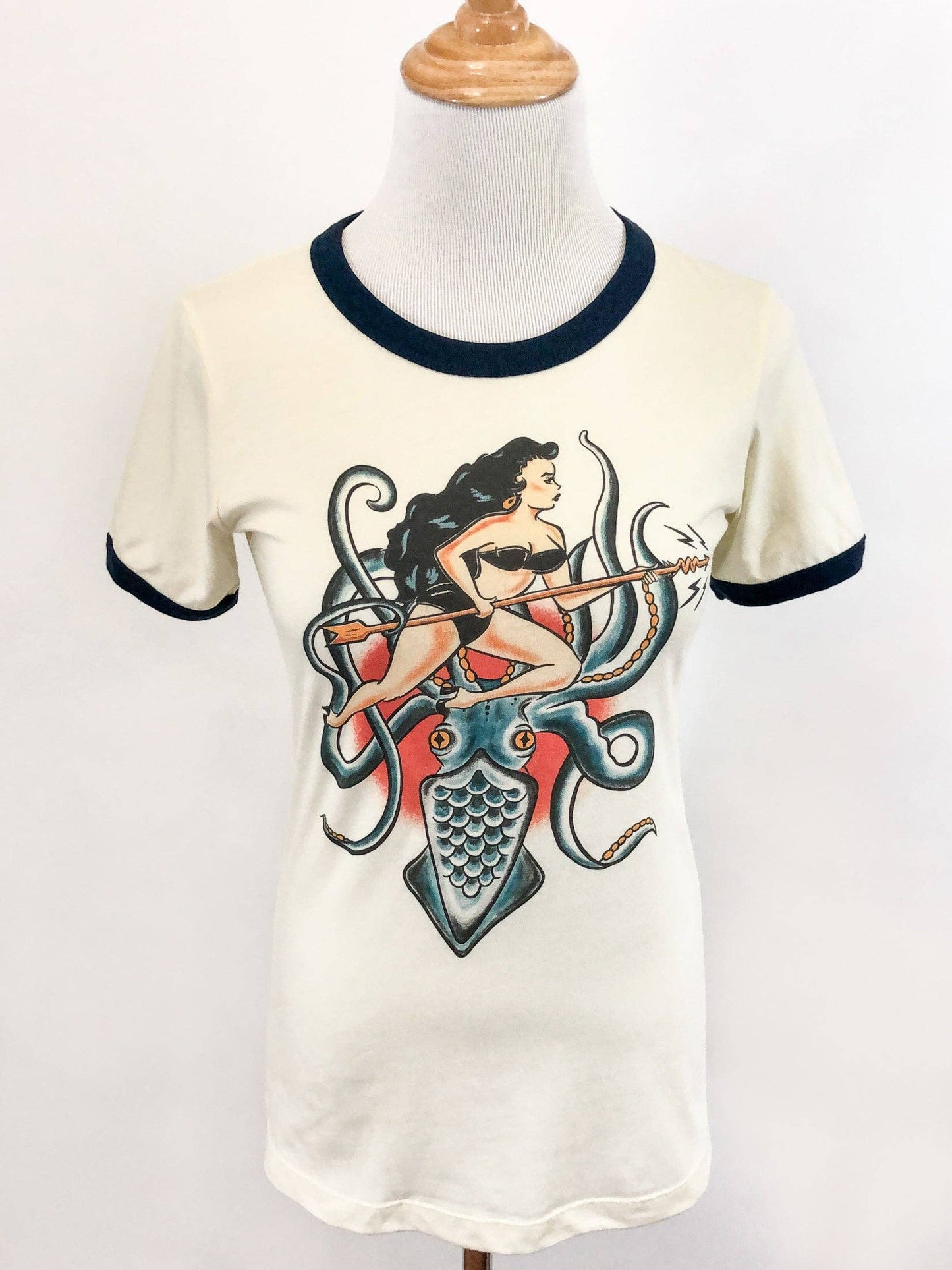 Daughter of the Kraken Fitted Ringer Tee in Natural/Navy