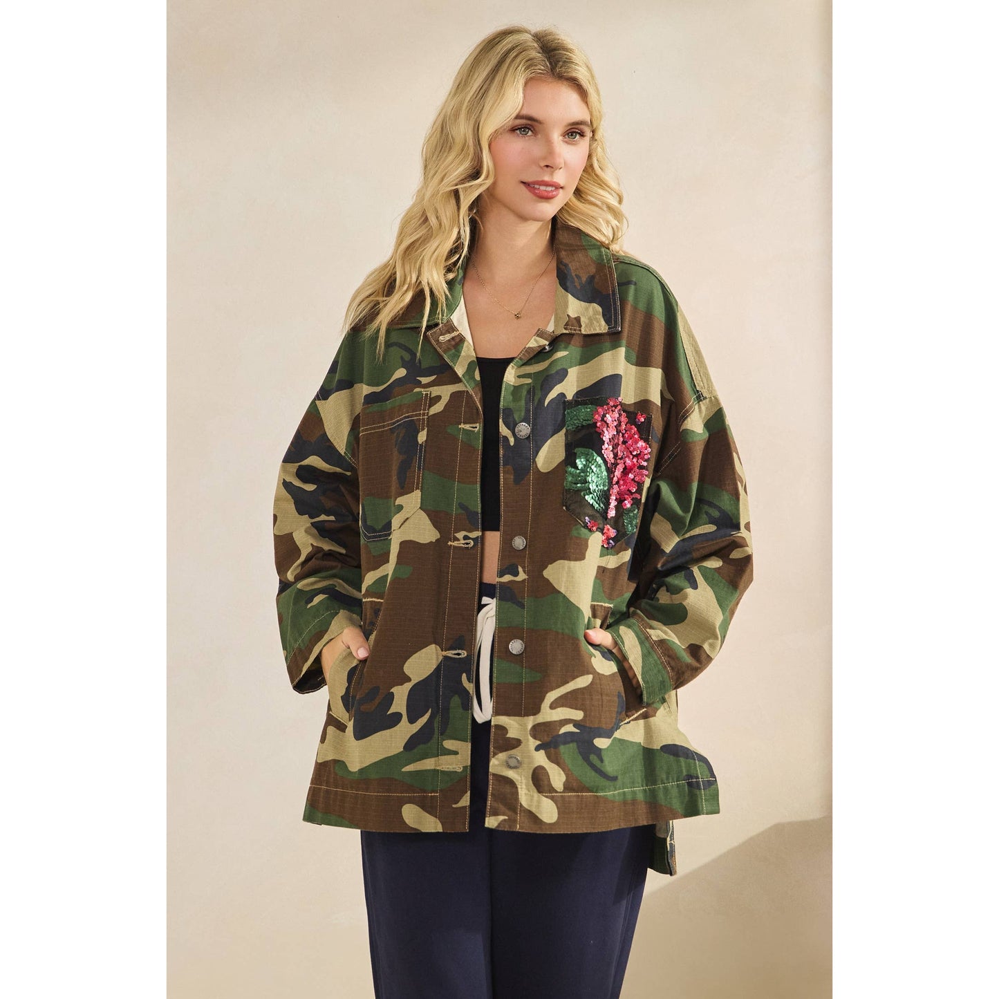 Camo Jacket with Floral Mesh Sequins Contrast