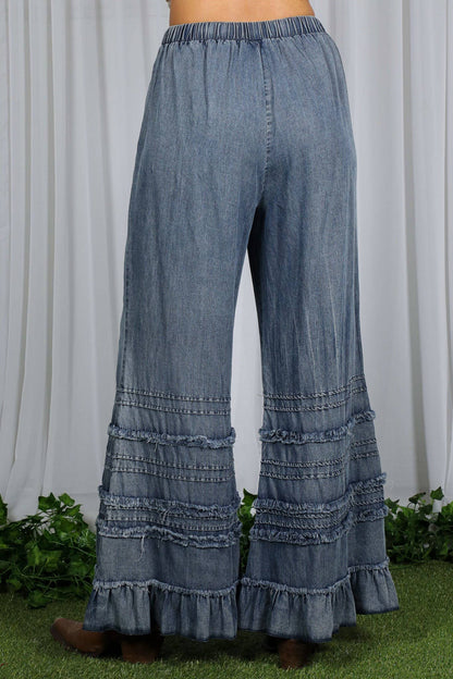 Flared Ruffle Hem Washed Chambray Crop Denim Pants