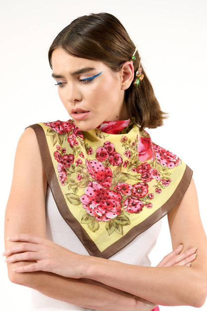 Yellow Rose Hand Embellished Bandana Scarf