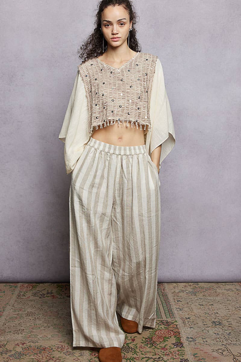 Stripe Elastic Waist Band Linen Wide Pants