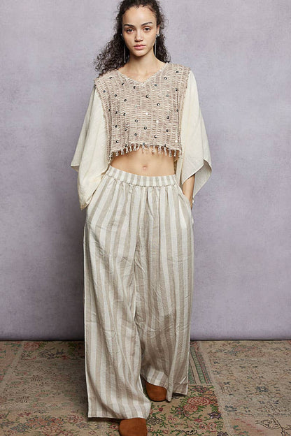 Stripe Elastic Waist Band Linen Wide Pants