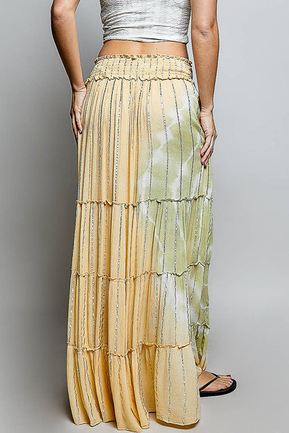 Smocked Waist Tassel Tie Tiered Maxi Skirt