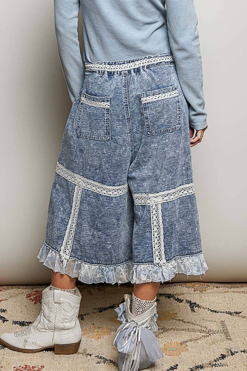 Vintage Washing Lace Ruffle Back Elastic Band Wide Pants