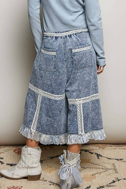 Vintage Washing Lace Ruffle Back Elastic Band Wide Pants