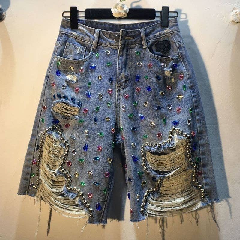 Beaded Rhinestone High Waist Distressed Denim Shorts