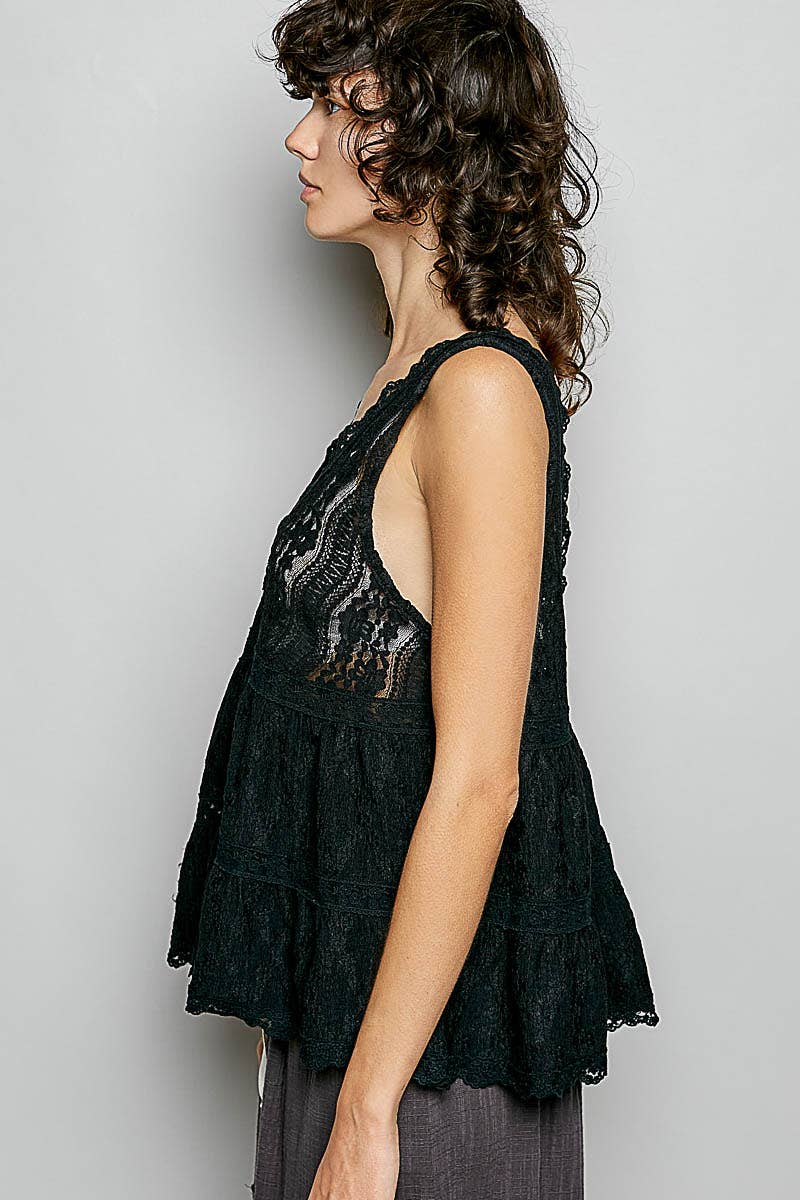 Sleeveless Deep V-neck Lace Trim Knit Top