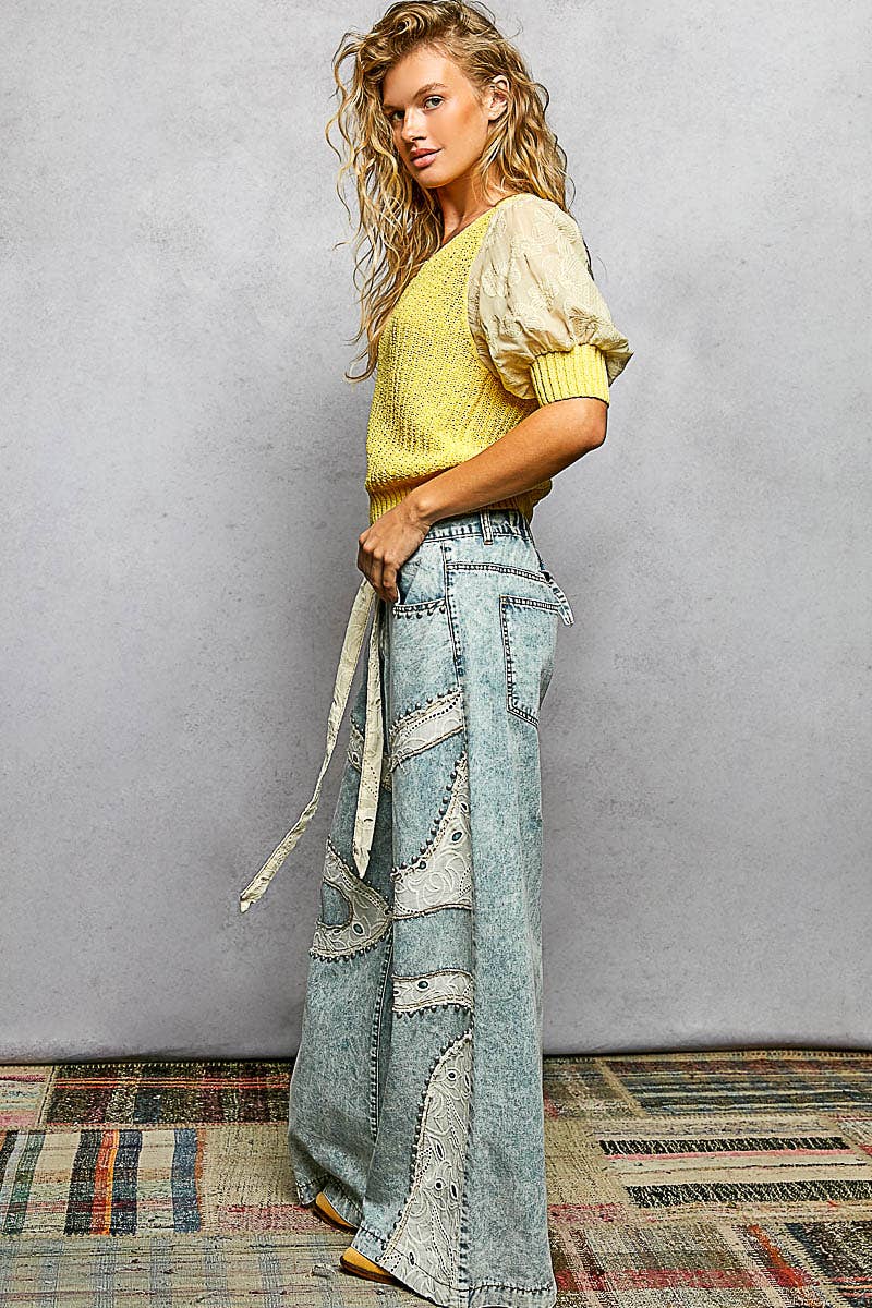 Stud Eyelet Lace Patch Wide Leg Pants