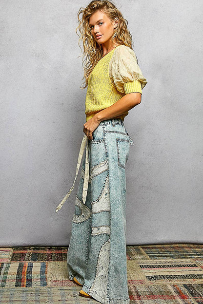 Stud Eyelet Lace Patch Wide Leg Pants