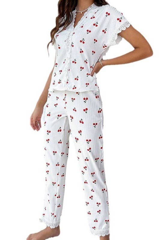 Lace Trim Red Cherry  Lounge Pajama Set