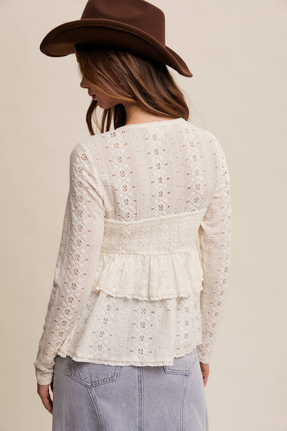 Stretch Lace Tiered Blouse with Drawstring Detail