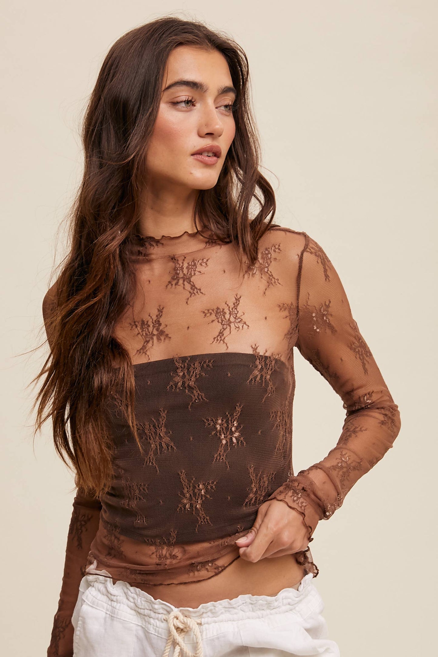 Sheer Lace Long-Sleeve Layering Top