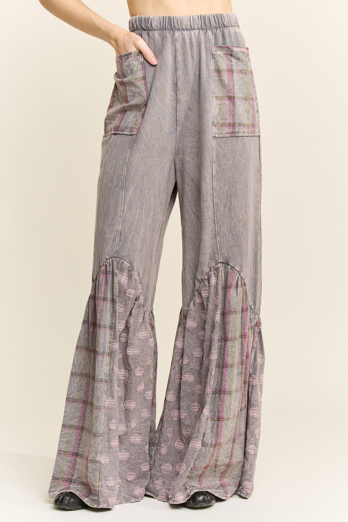 Mineral Washed Boho Pattern Patched Pants