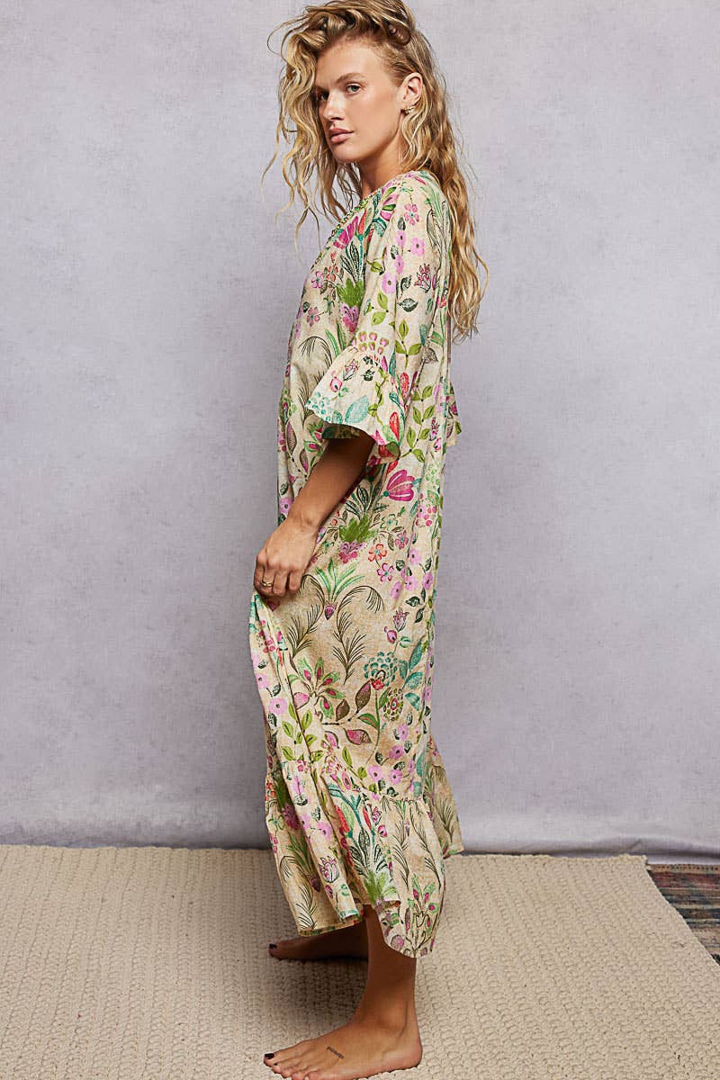 V-Neck Floral Print Bead Trim Boho Maxi Dress