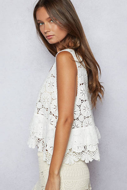 Round neck ruffle embroidered eyelet crochet top