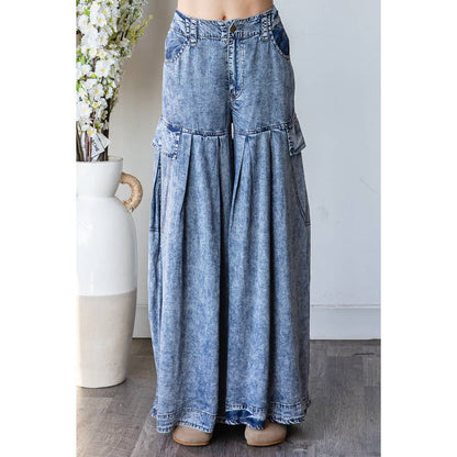 WASHED PLEATED  WIDE LEG TENCEL PANTS