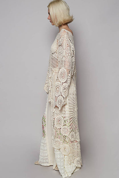 Round neck long sleeve elongated crochet top