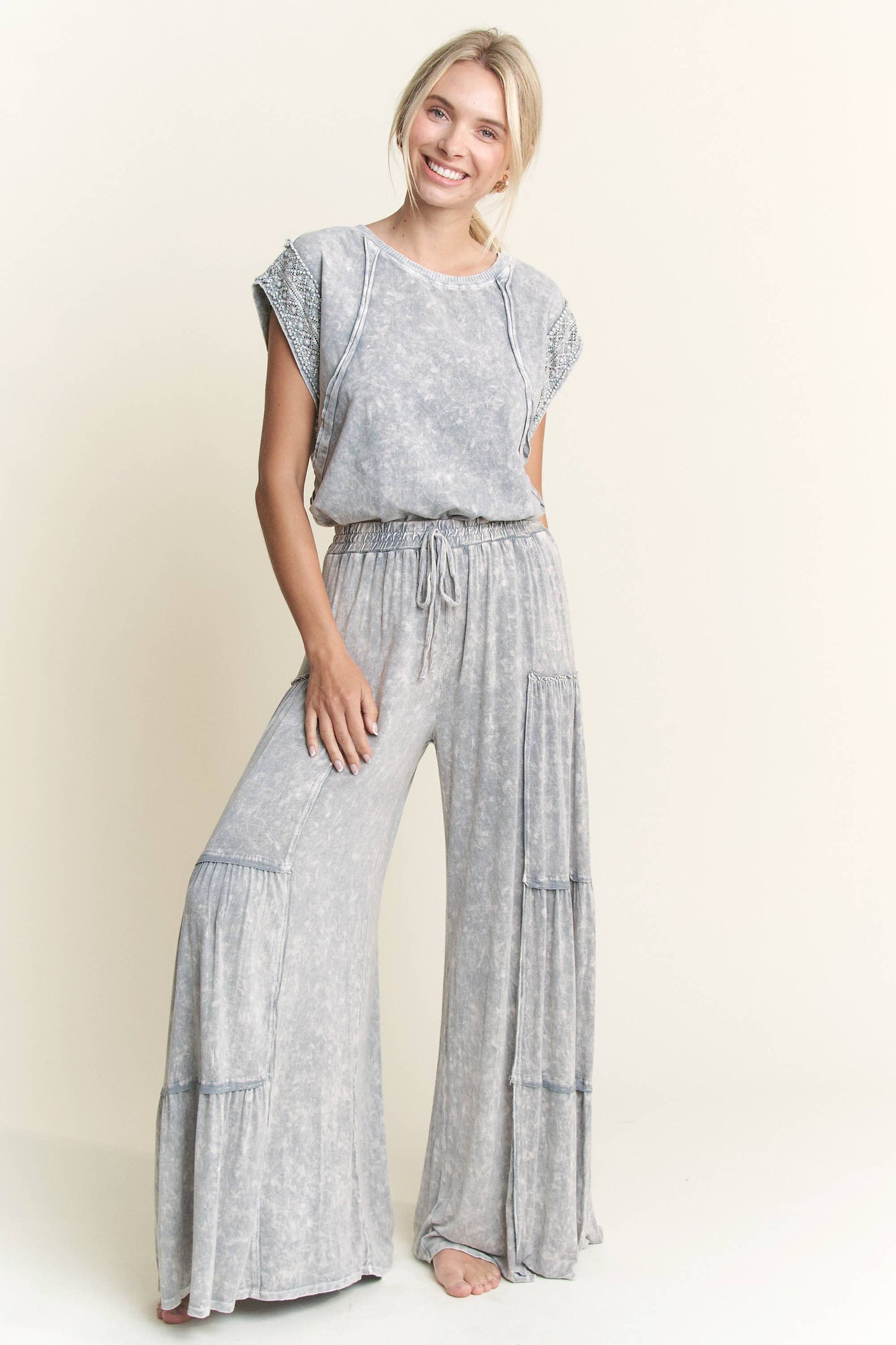 Mineral Washed Tiered Wide Leg Pants