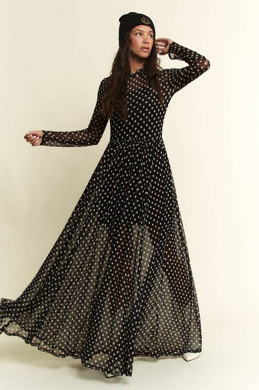 POLKA DOT PRINT MESH MAXI DRESS