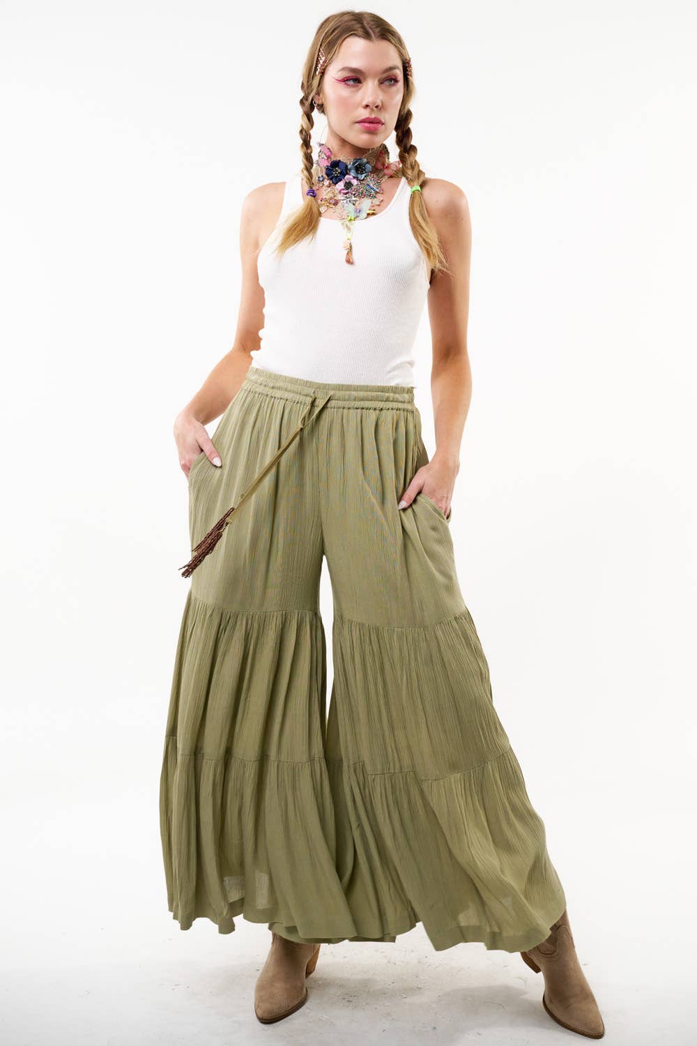 Olive Dream Tiered Palazzo Pants