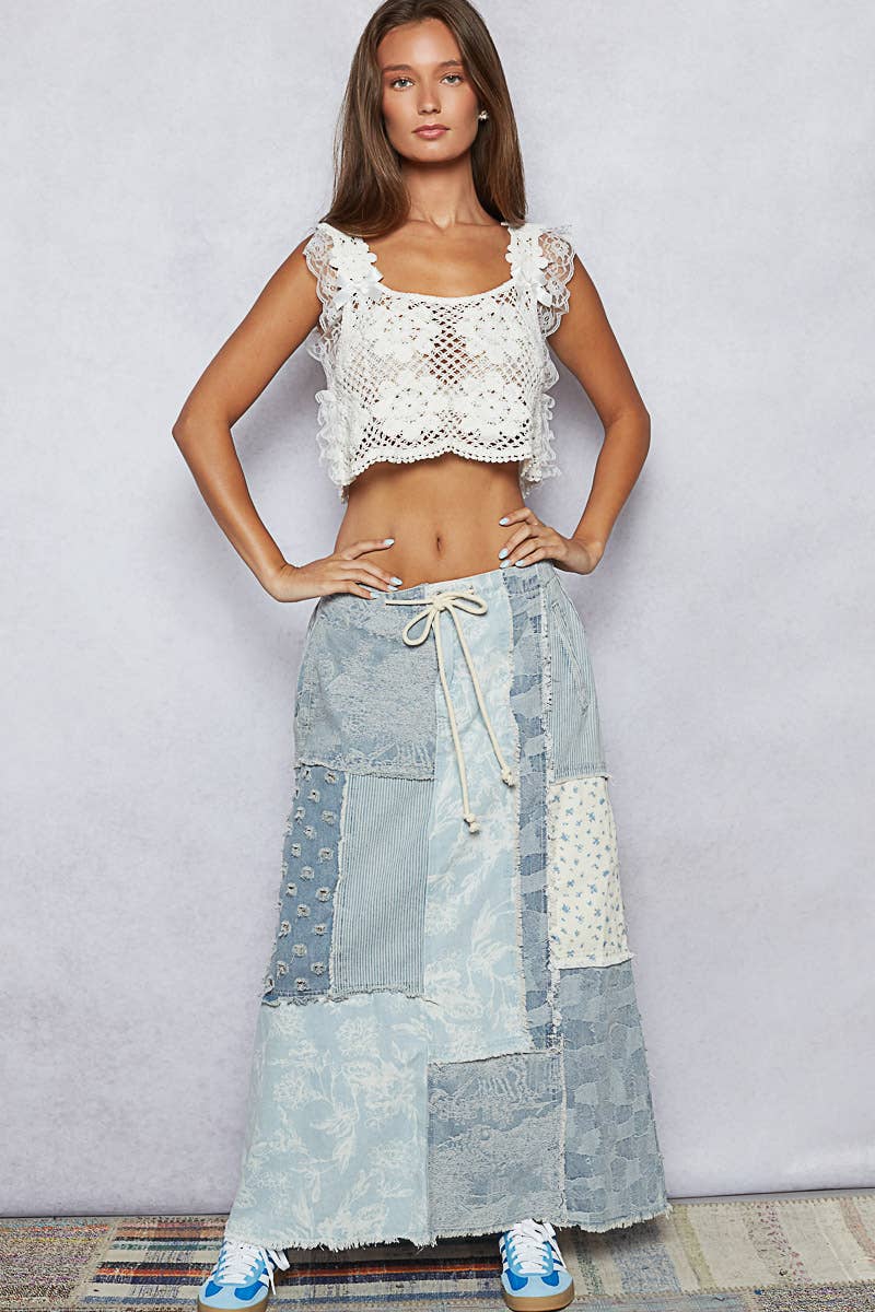 Floral pattern denim patchwork detail skirt