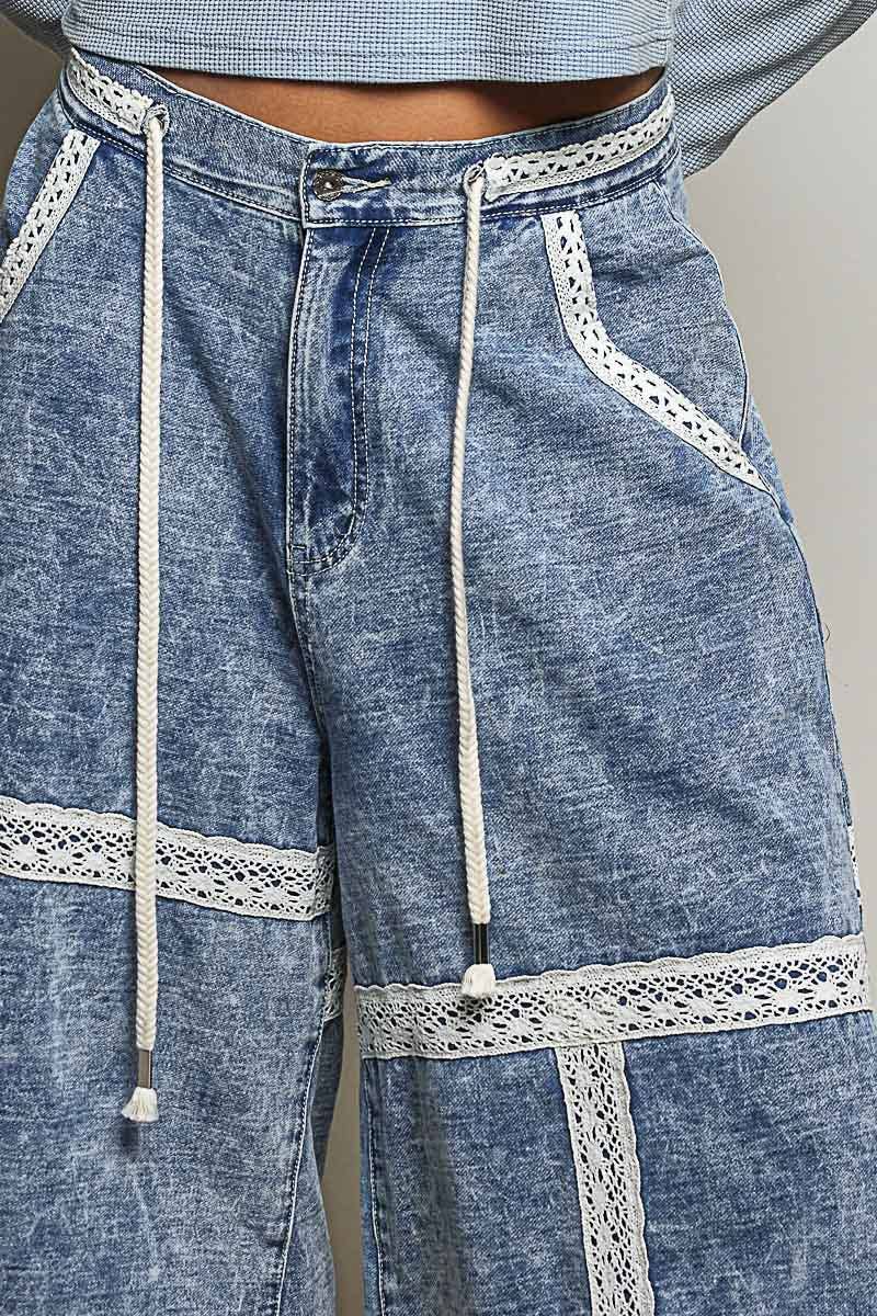 Vintage Washing Lace Ruffle Back Elastic Band Wide Pants