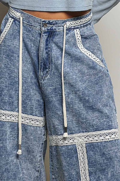 Vintage Washing Lace Ruffle Back Elastic Band Wide Pants