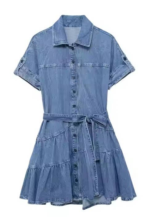 TIERED DENIM MINI DRESS WITH WAIST SASH