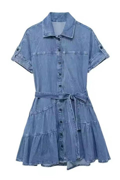 TIERED DENIM MINI DRESS WITH WAIST SASH