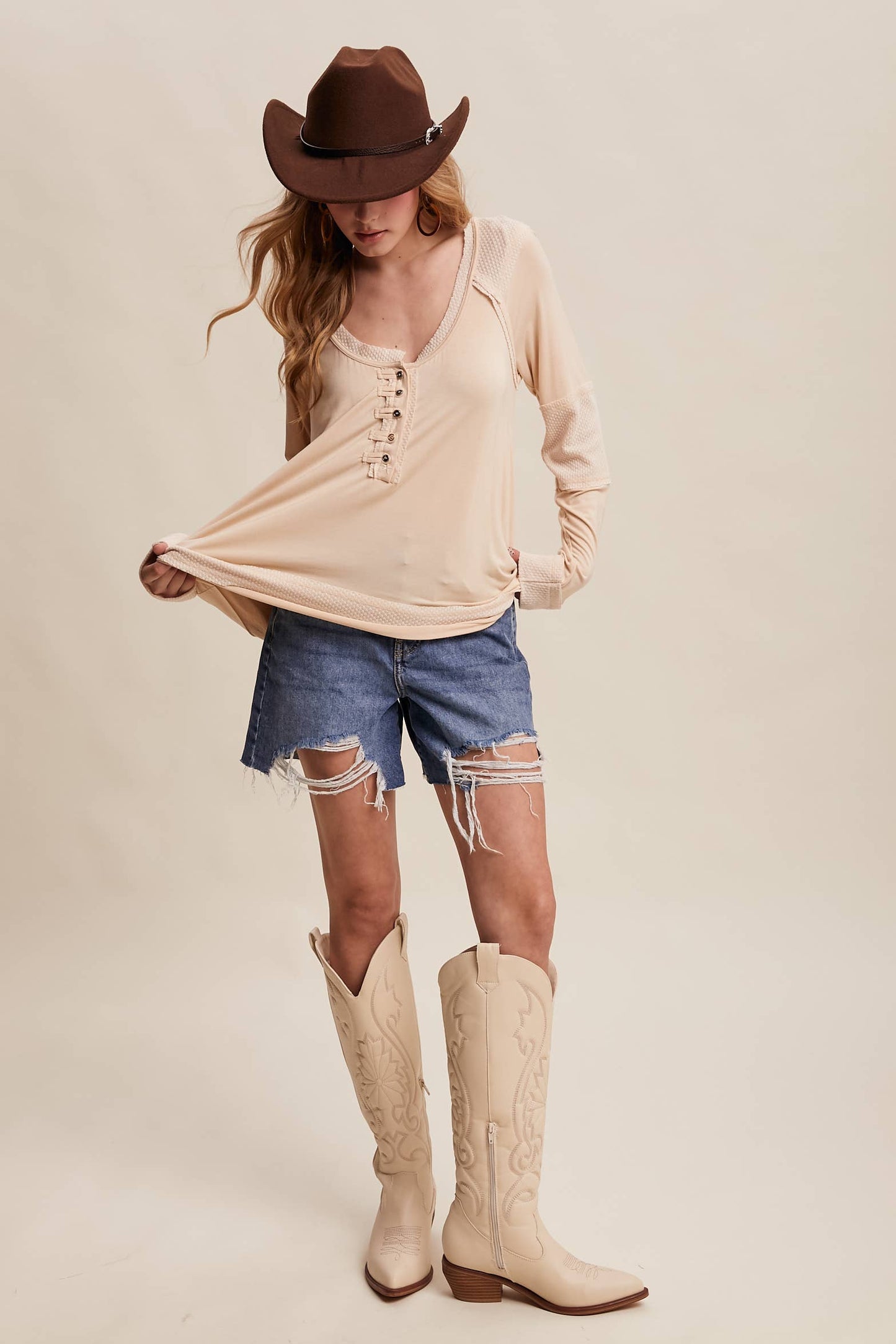 Textured Panel Button Henley Top