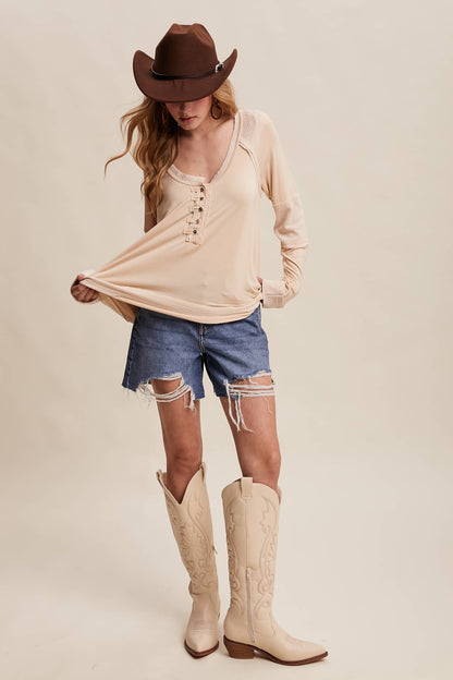 Textured Panel Button Henley Top