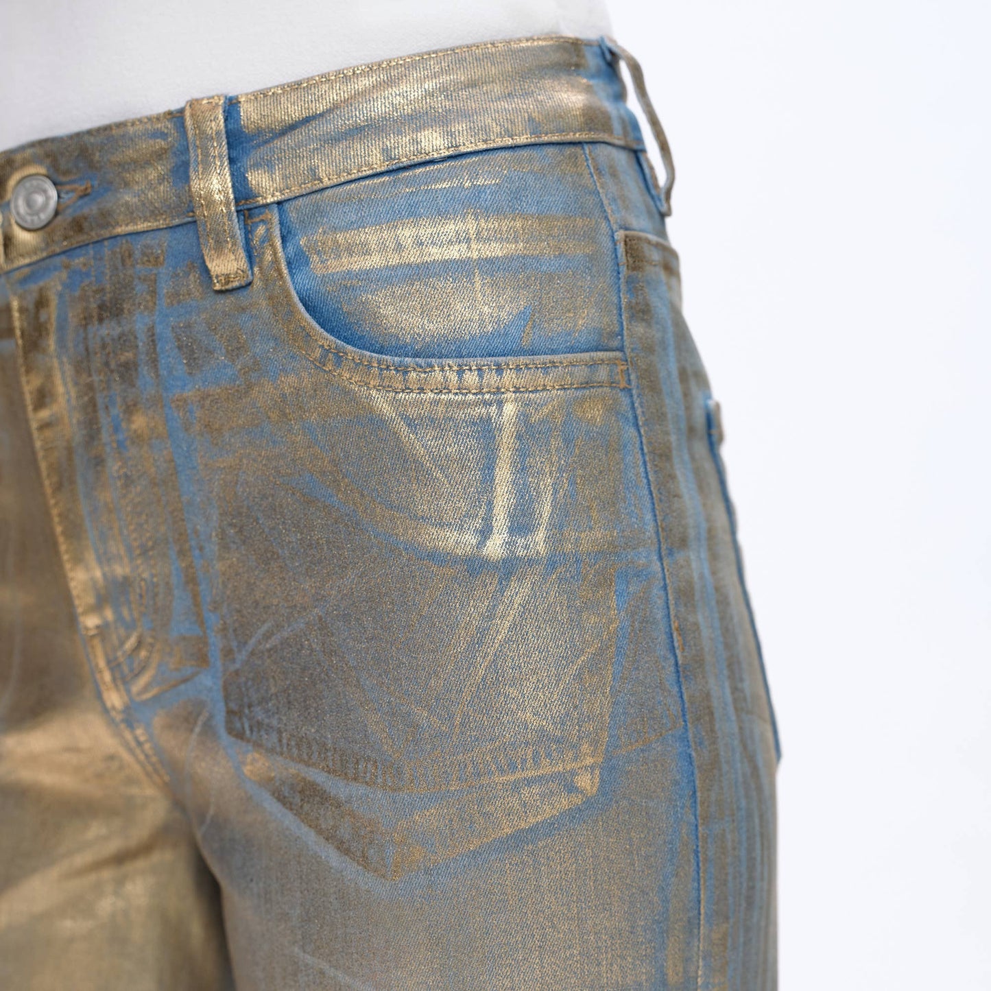 METALLIC HIGH RISE WIDE LEG DENIM JEANS