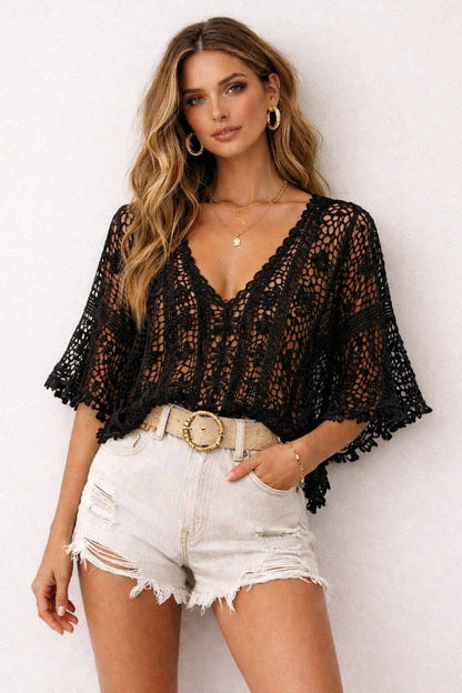 V-Neck Mesh Crochet Sweater Cotton One Size S/M