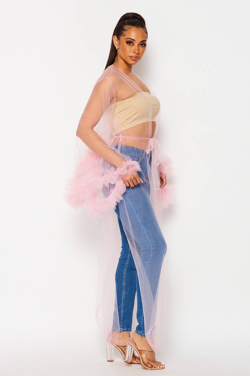 Tulle Mesh Ruffle Duster Cardigan